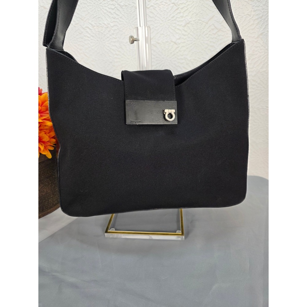 Salvatore Ferragamo‎ Black Canvas Leather Hobo Bag Gancini Hardware Shoulder Bag - Picture 4 of 12